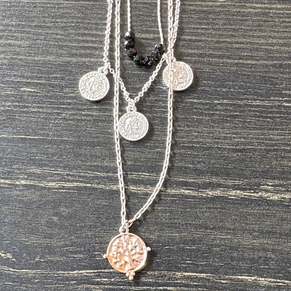 Silver tone Coin Pendant Layered Necklace